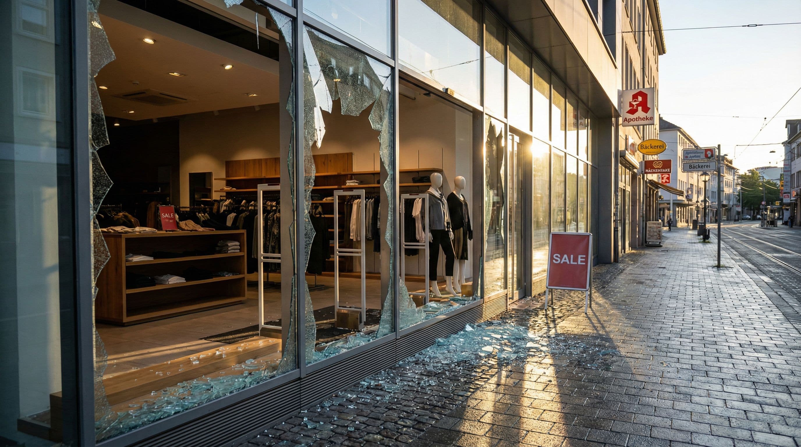 Ein Kieselstein zerstört die Schaufensterfront