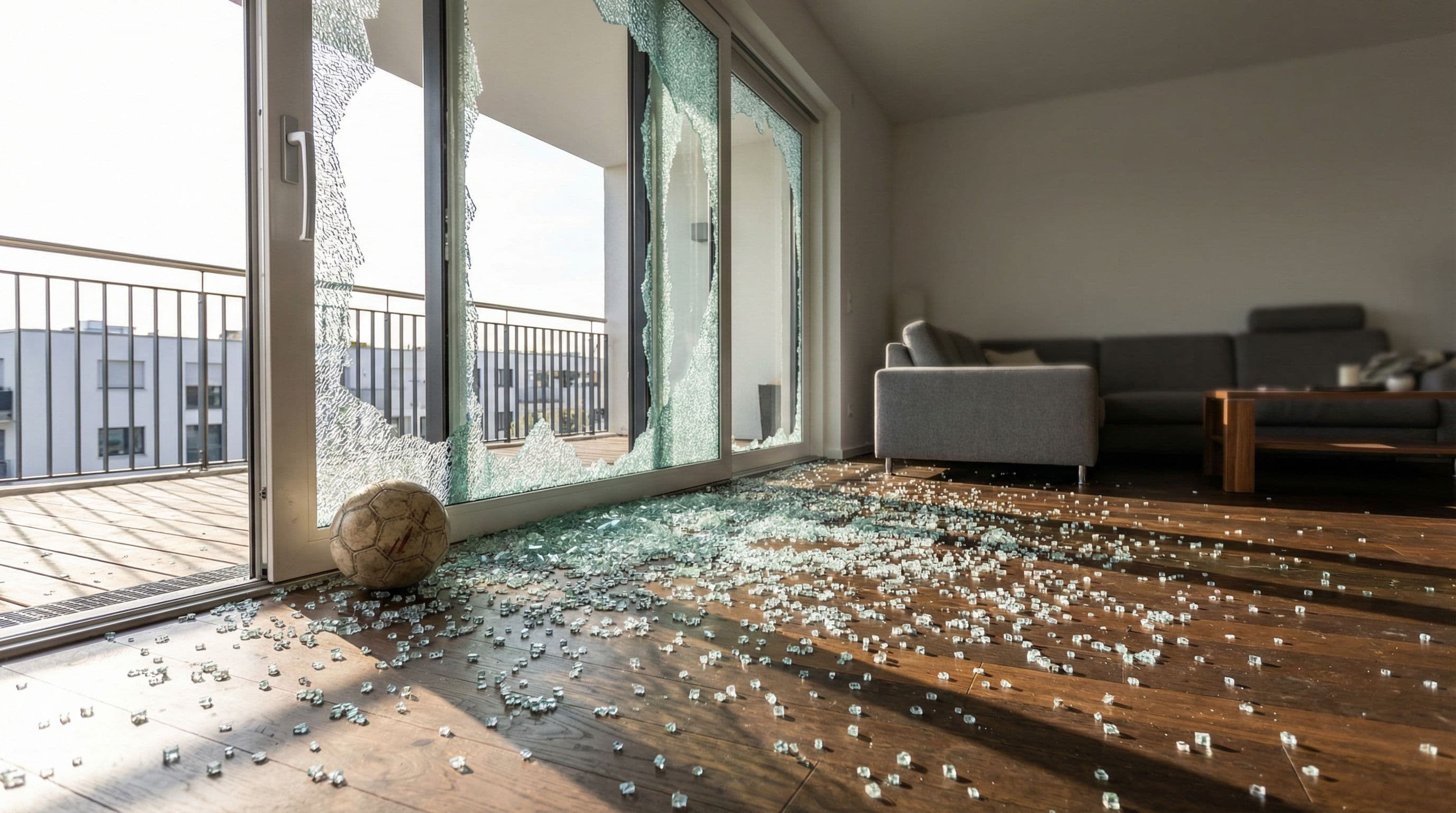 Die Terrassentür geht durch einen Ball zu Bruch