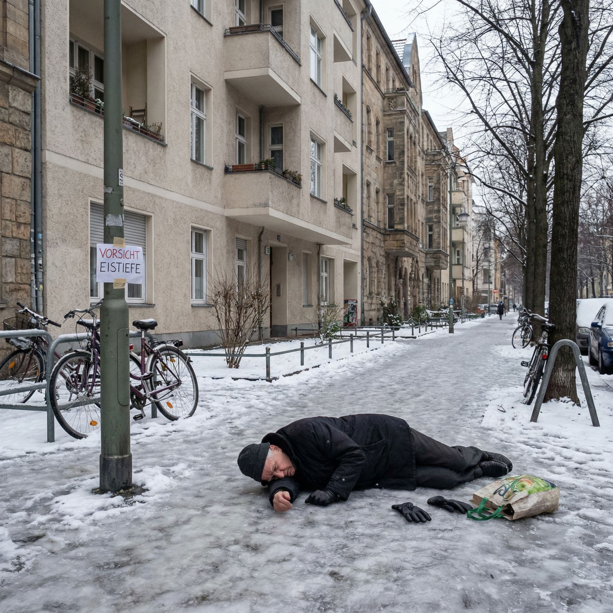 Glatteis-Unfall auf dem Gehweg